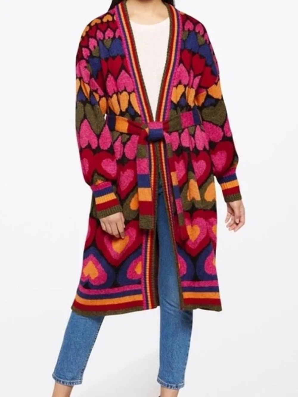 FARM Rio Full Of Hearts Midi Cardigan Belted Knit Sweater Size M - Picture 7 of 8